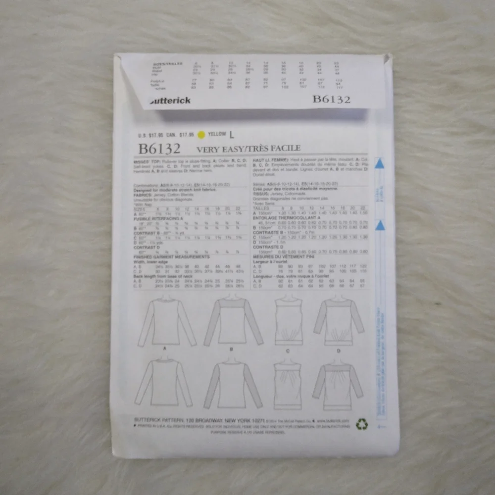 BUTTERICK B6132 SZ 6-14 MISSES Close Fitting Pullover Top In 4 Variations